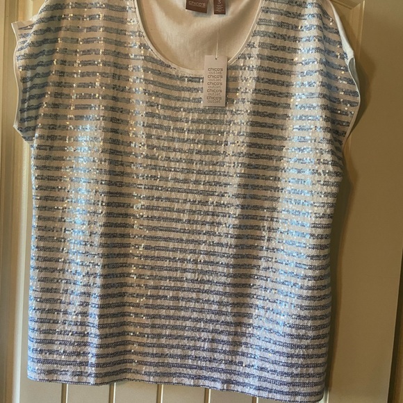 Chico NWT sequin blue and white top size 3 or xl woman’s top gwenlynn scoop - Picture 4 of 5